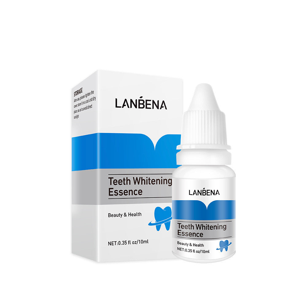 Teeth whitening liquid packaging labelled for plaque cleansing