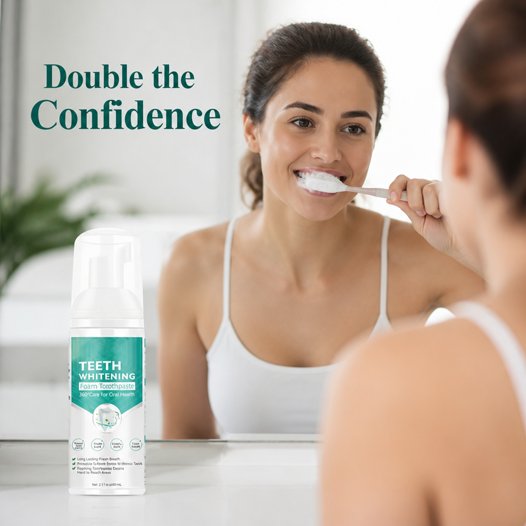Teeth whitening mousse product shown for a fresh, bright smile