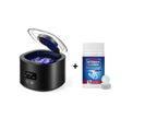 Clean dentures and ultrasonic UV-C cleaner arranged together