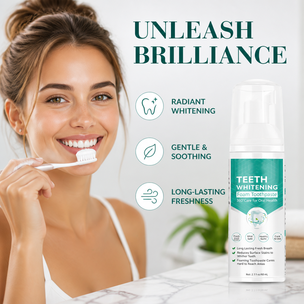 Whitening mousse bottle displayed against a clean, bright background