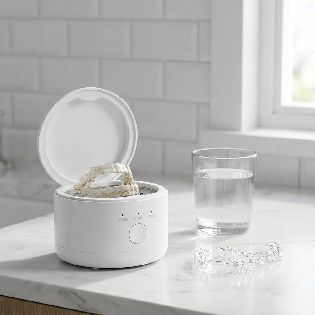 Compact ultrasonic cleaner showing the internal cleaning tank