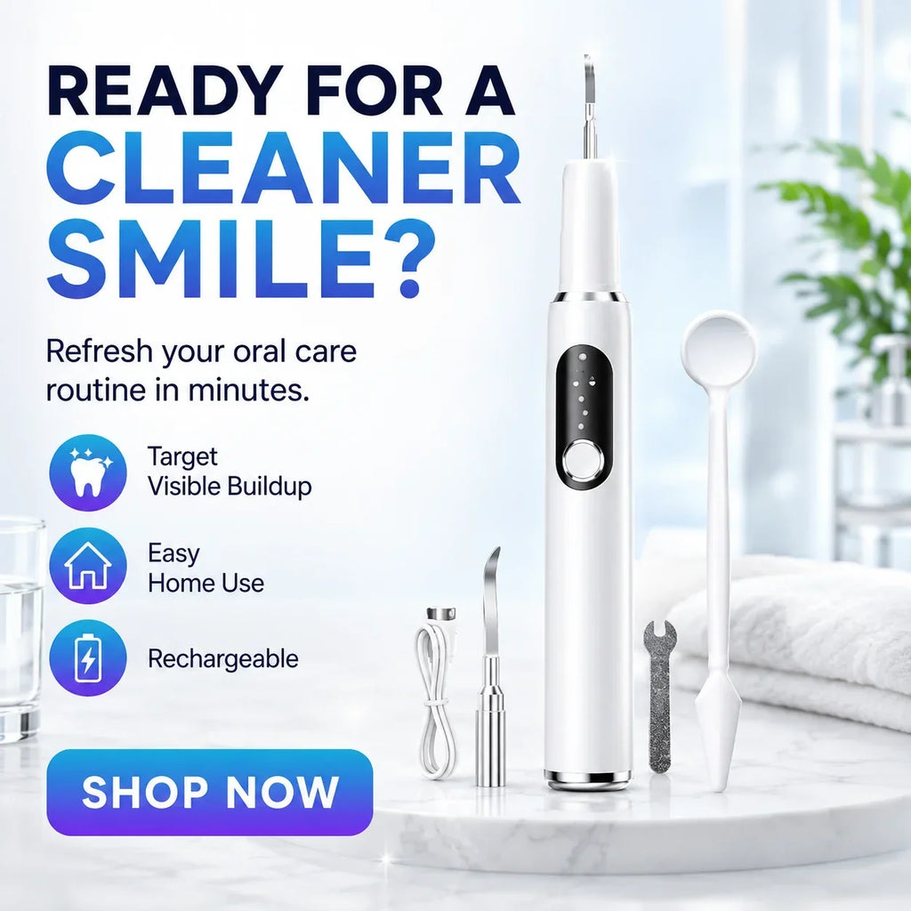 Ultrasonic dental cleaner shown from the front with its cleaning tip attached