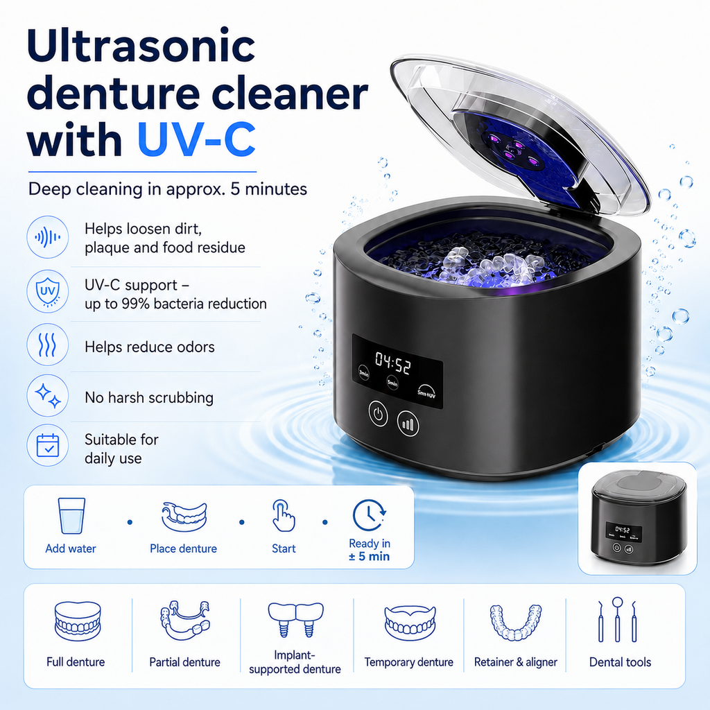Dentures placed inside the ultrasonic cleaning bath