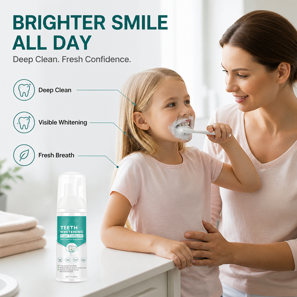 Teeth whitening mousse with its light, creamy texture visible
