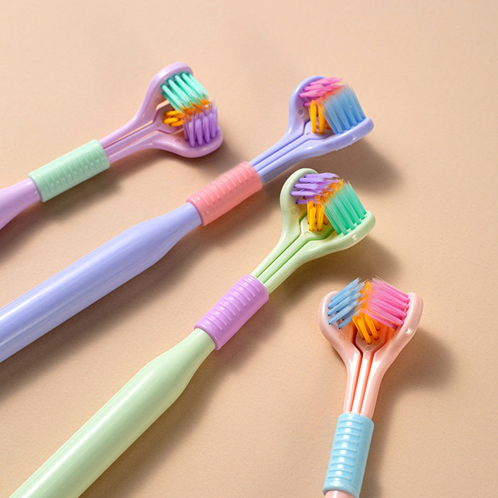 Three-sided 360-degree toothbrush with soft bristles shown from the front