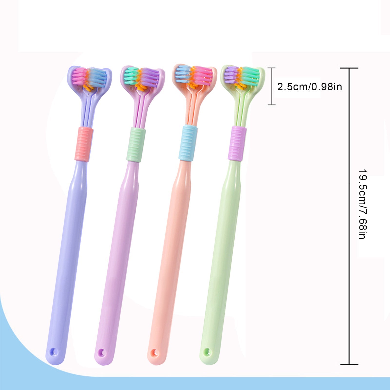 Close-up view of the soft bristles on a three-sided toothbrush