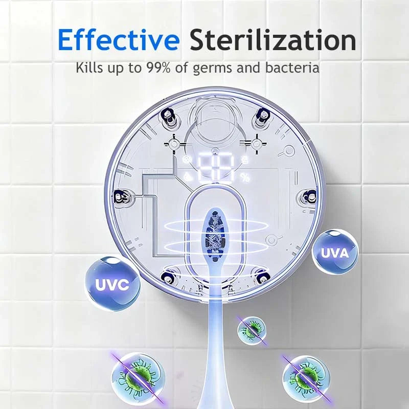 Toothbrush sanitiser unit holding a toothbrush securely