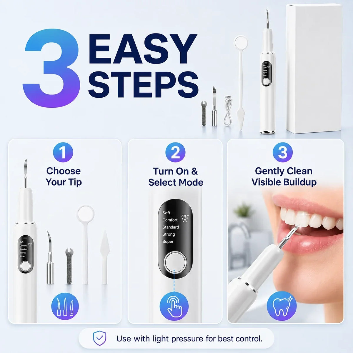 Ultrasonic dental cleaner shown with its control buttons and slim design