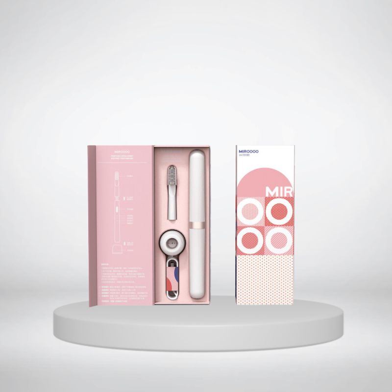 Rechargeable toothbrush displayed at an angle with its brush head
