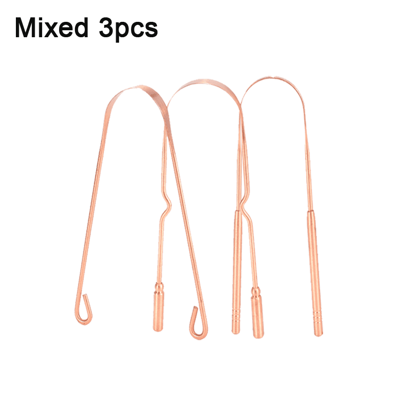 Copper tongue scraper shown in profile to highlight its curved shape
