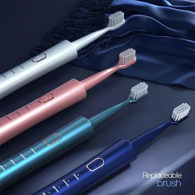 Electric toothbrush with brush head shown upright