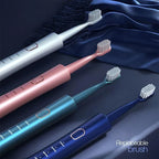 Electric toothbrush with brush head shown upright