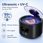 Removable dentures being cleaned in an ultrasonic bath
