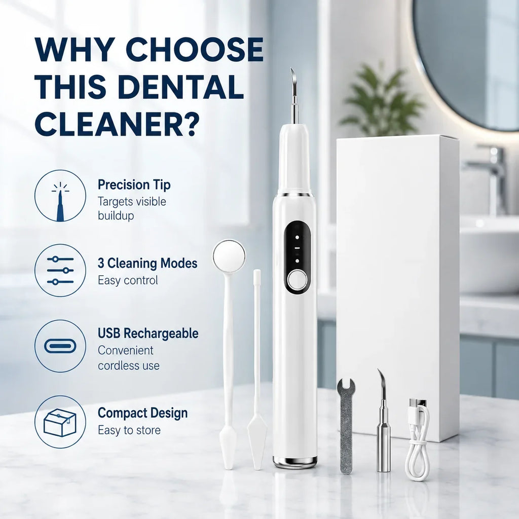 Dental cleaner placed beside a toothbrush as part of a daily oral care set