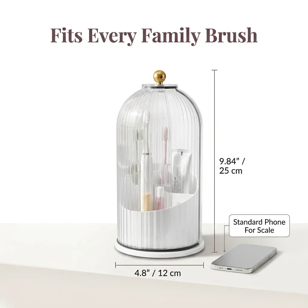Open covered vanity organiser showing spacious storage compartments