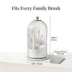 Open covered vanity organiser showing spacious storage compartments