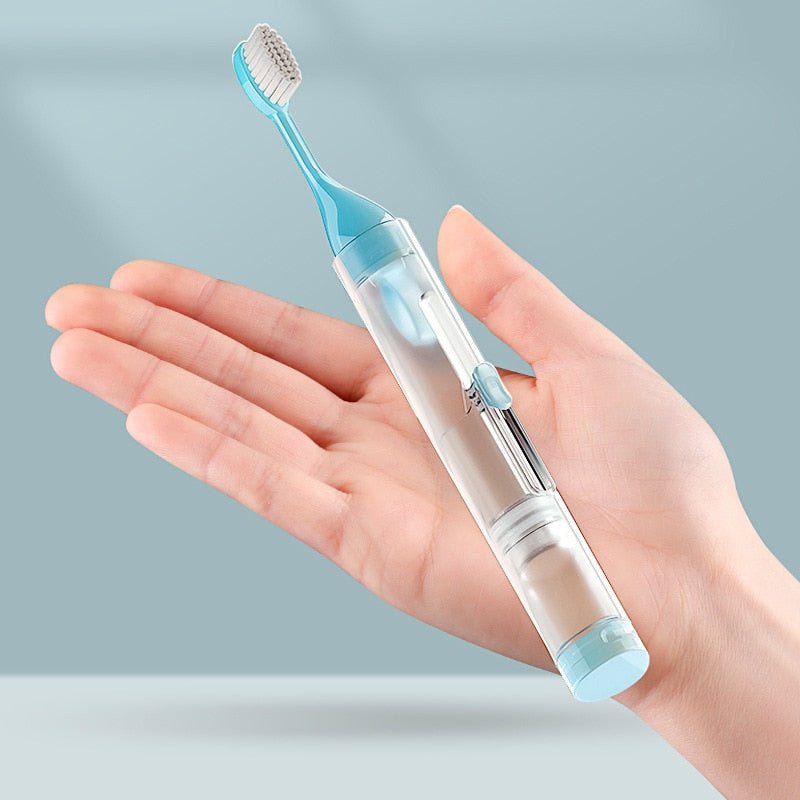 Compact refillable toothbrush shown ready for travel and daily use
