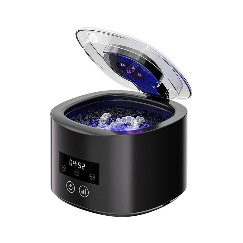 Open ultrasonic denture cleaner ready to clean removable dentures