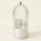 Neat bathroom countertop featuring a covered vanity organiser