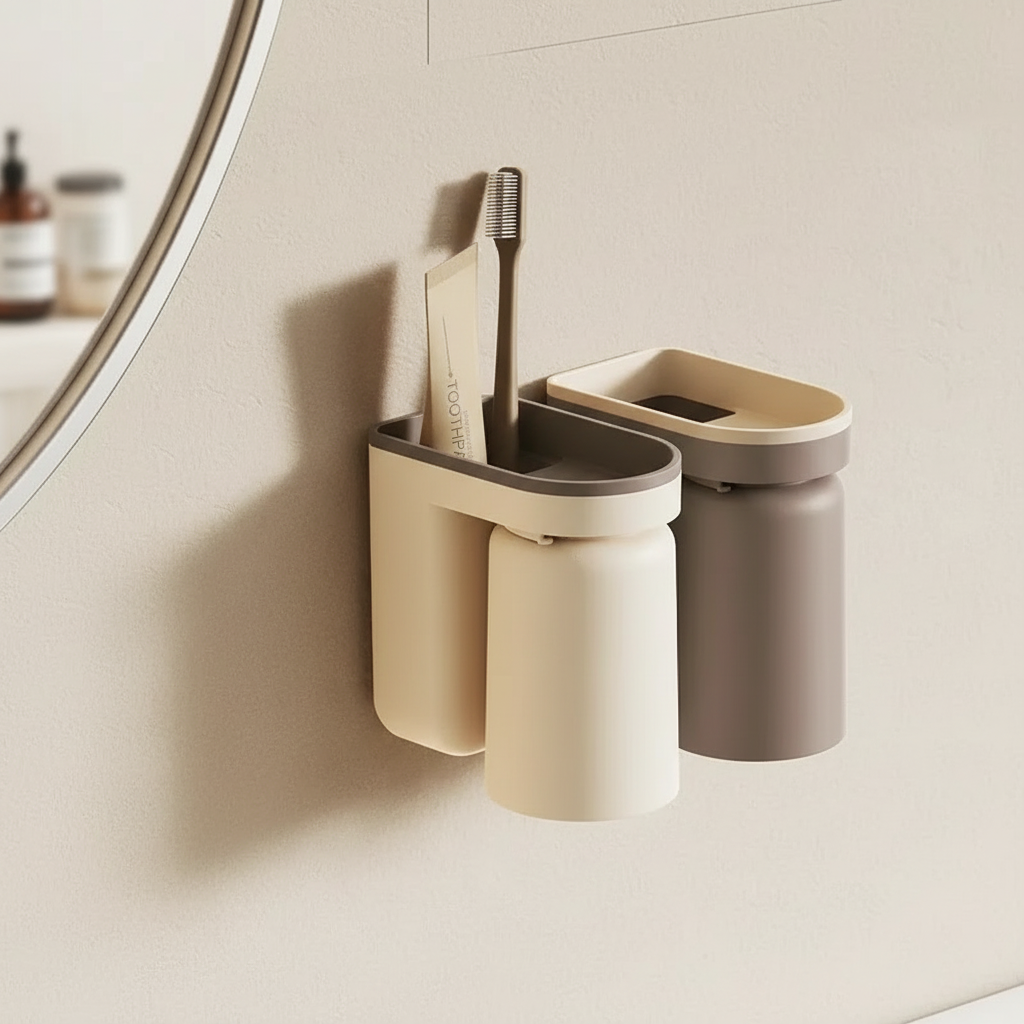 Magnetic wall-mounted toothbrush holder with an integrated cup