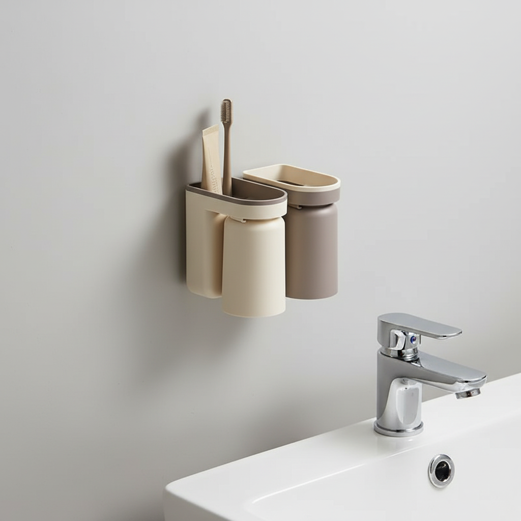 Toothbrush holder and cup attached to a bathroom wall