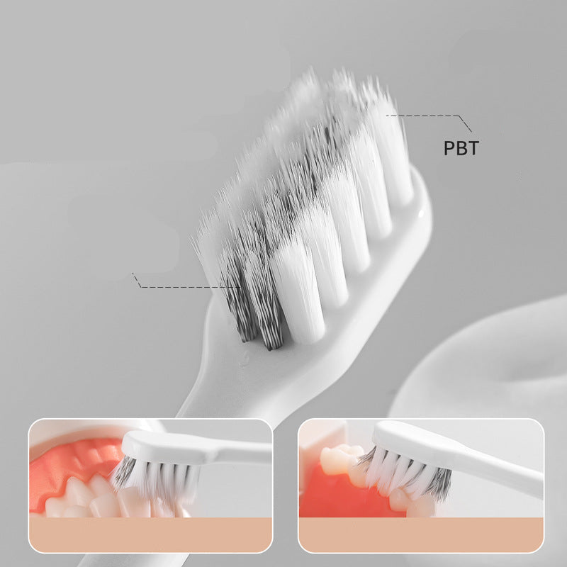 Soft-bristled foldable toothbrush shown from the side