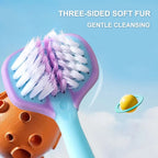 Close-up of the multi-sided bristles on a soft 3-way toothbrush