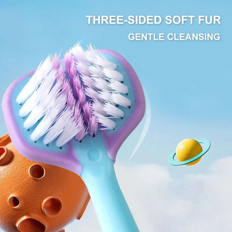 Close-up of the multi-sided bristles on a soft 3-way toothbrush