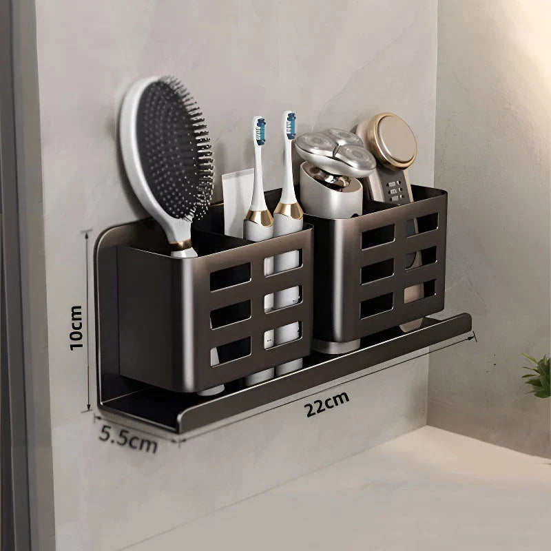 Close-up of the shelf’s toothbrush and razor holder