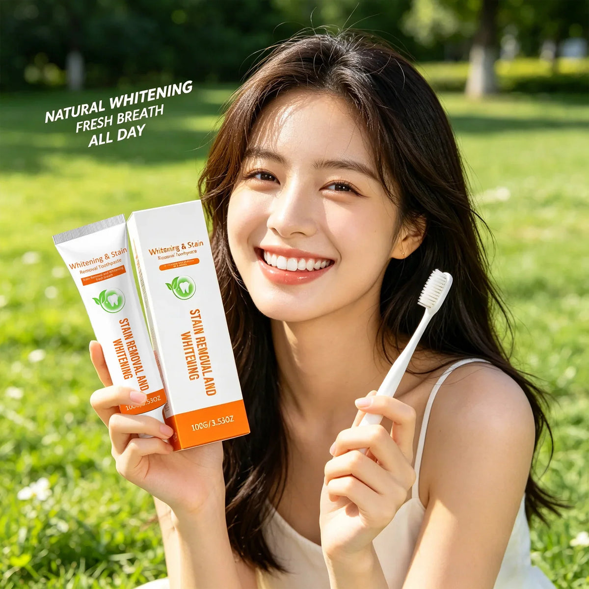 Front view of whitening toothpaste packaging