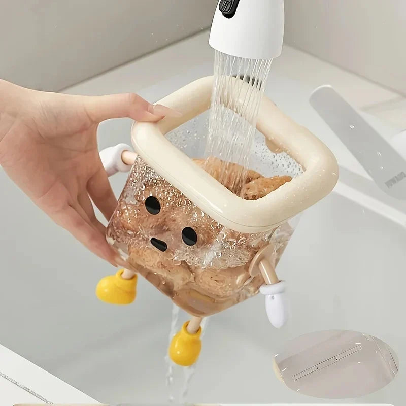 Cartoon toothbrush holder providing tidy storage beside a bathroom sink