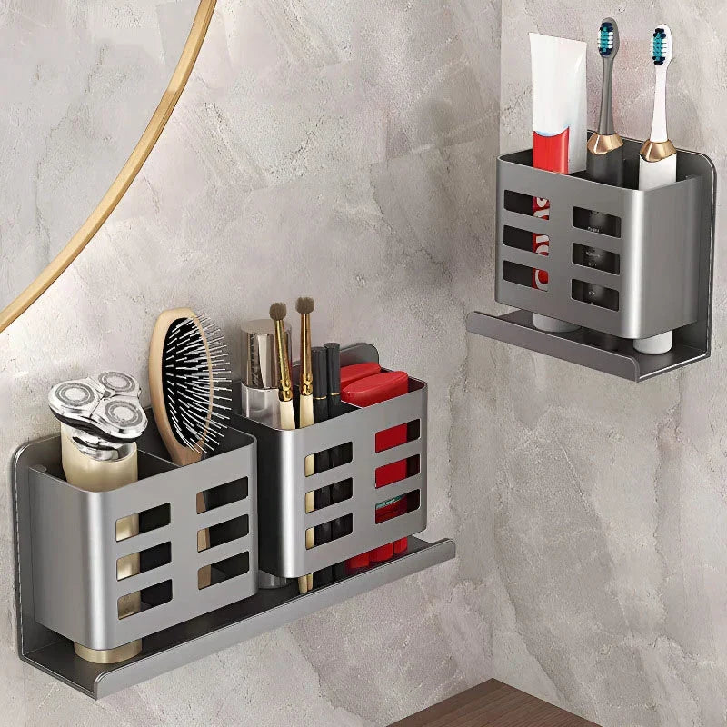 No-drill wall-mounted bathroom shelf with toothbrush holder