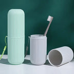 Open toothbrush case showing space for a toothbrush and tongue scraper