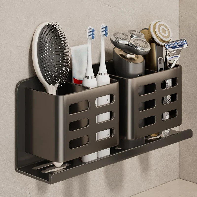 Aluminium bathroom organiser mounted neatly on a wall