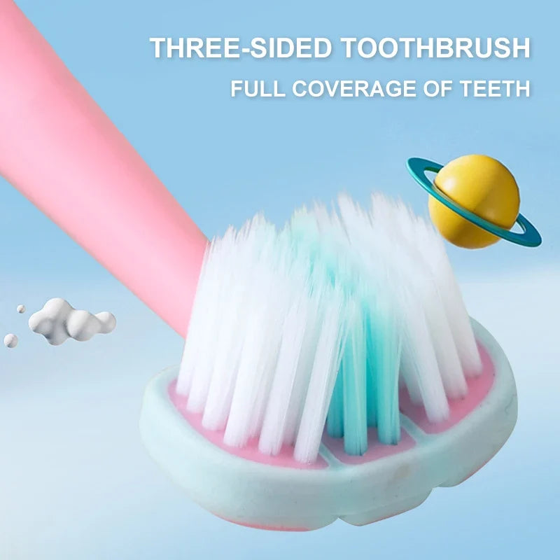 Two soft 3-way toothbrushes presented together for gentle daily oral cleaning
