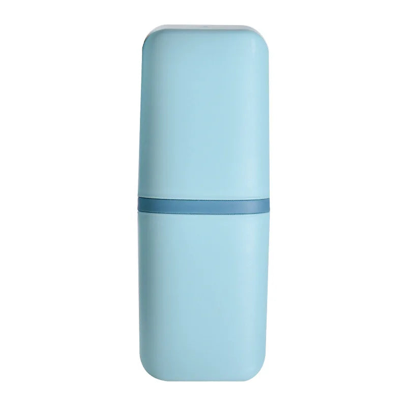 Travel toothbrush case displayed with toothbrushes and toothpaste