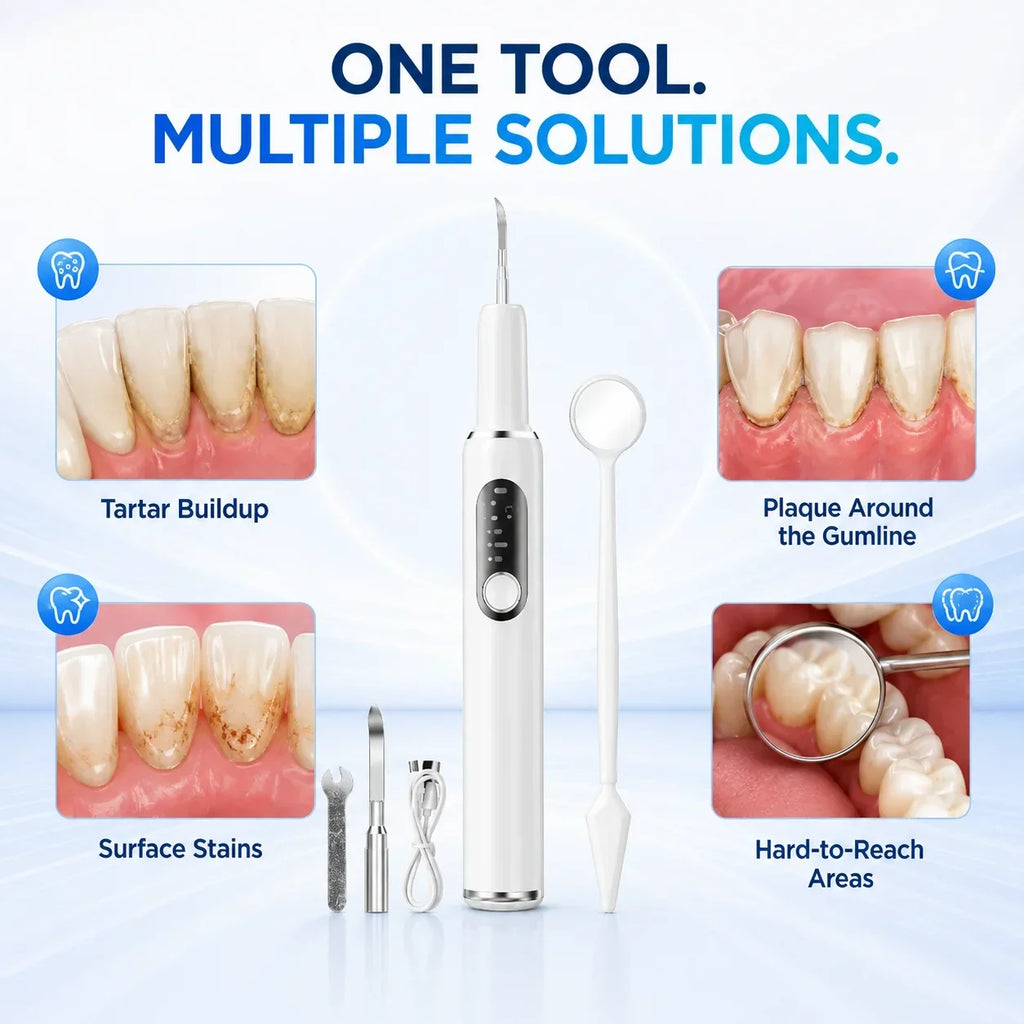 Hand holding the ultrasonic dental cleaner during a home oral care routine