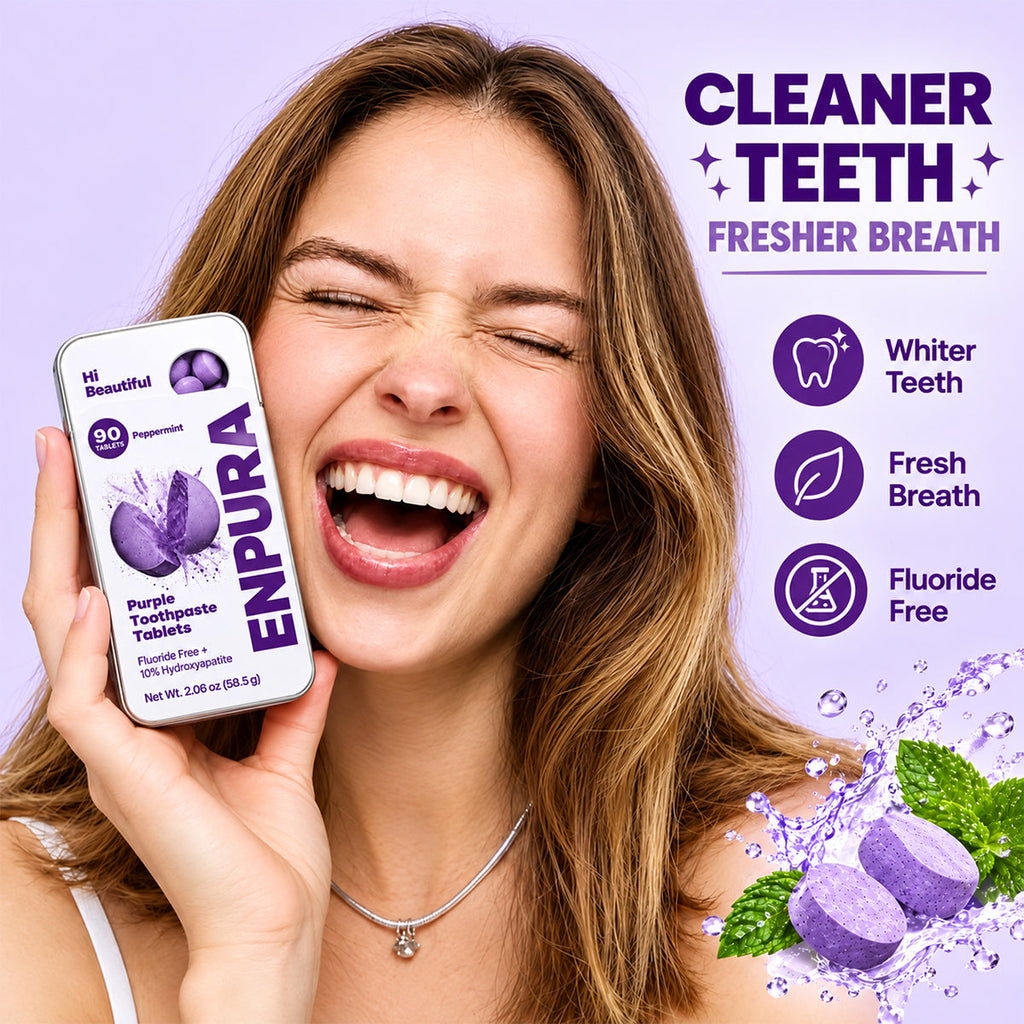 Hydroxyapatite toothpaste tablets shown in product packaging