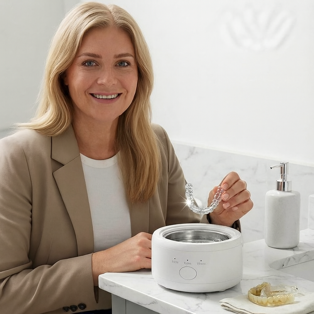 Ultrasonic retainer cleaner with lid open beside a dental retainer
