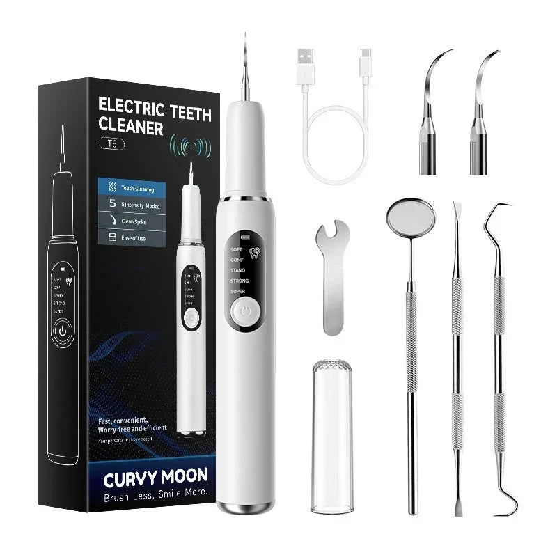 Ultrasonic dental cleaner presented as a home tool for teeth and oral hygiene