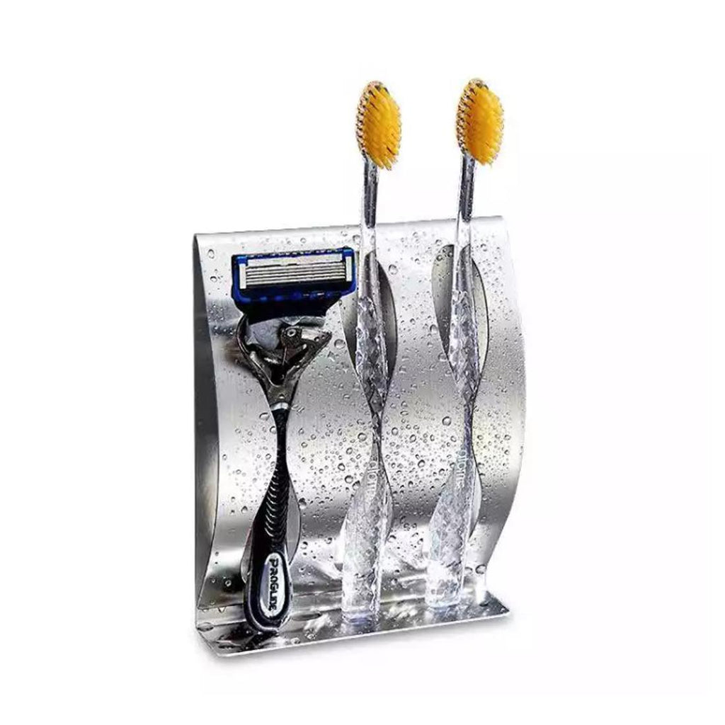Compact bathroom toothbrush holder designed to save countertop space