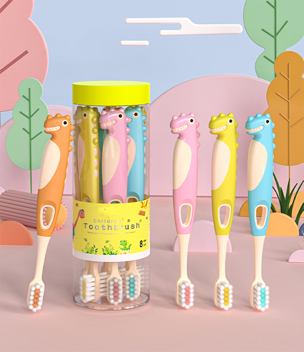 Eight soft children's toothbrushes suitable for ages 2 to 12