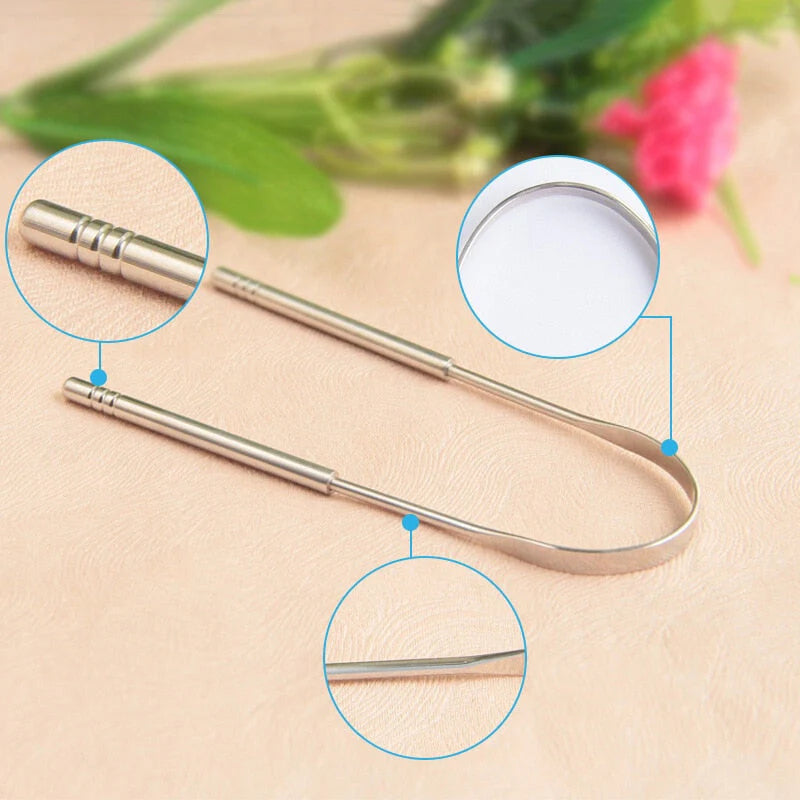 Stainless steel tongue scraper displayed for simple oral hygiene care