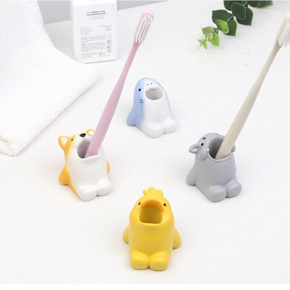 Animal-shaped holder with toothbrushes neatly stored inside