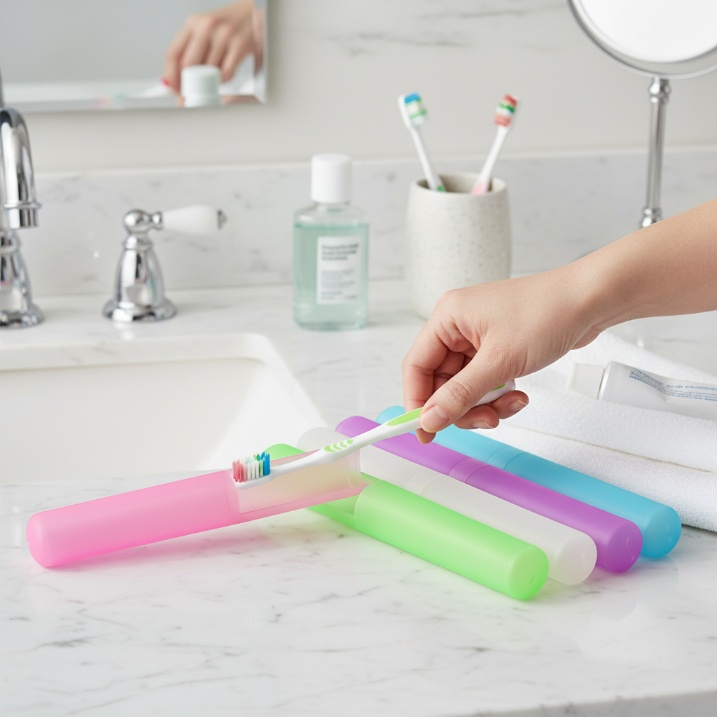 Toothbrush stored inside a compact travel case