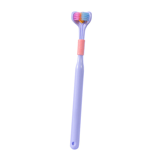 Three-sided toothbrush presented horizontally with its bristle head visible