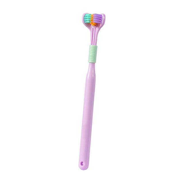 Three-sided toothbrush angled to show the full bristle coverage